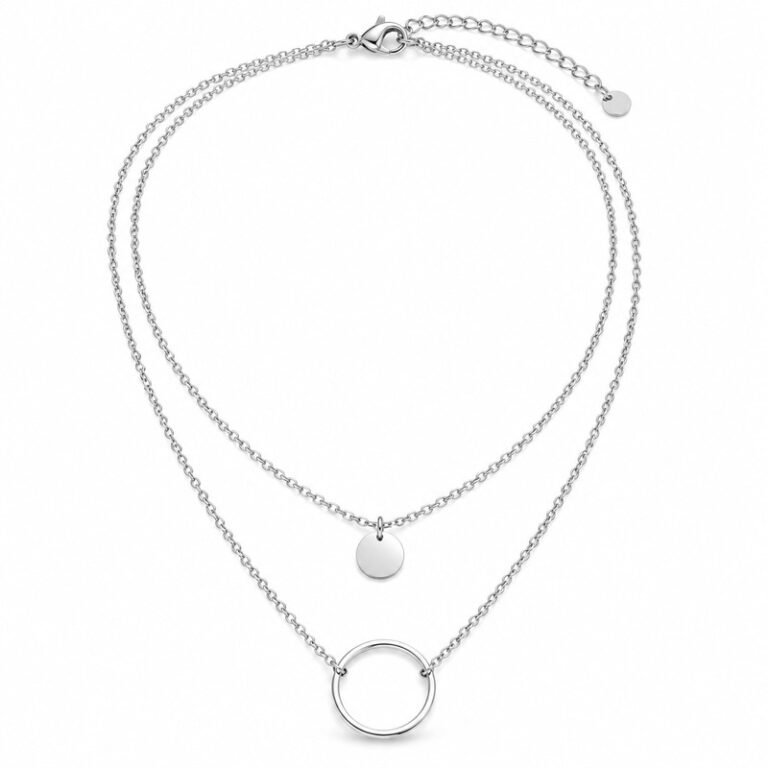 Women's silver Stainless Steel layered circle necklace, 45-degree product view on white background