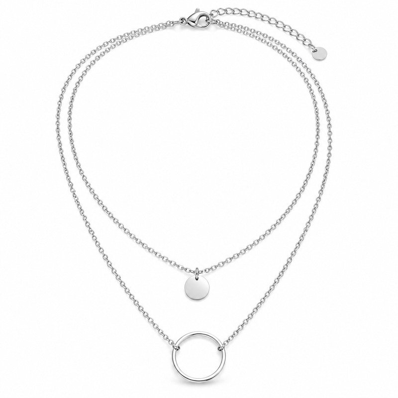 Women's silver Stainless Steel layered circle necklace, 45-degree product view on white background