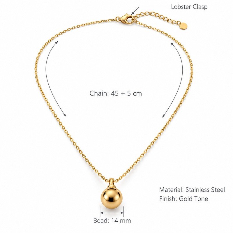 Bead pendant necklace dimensions, Stainless Steel material and specifications