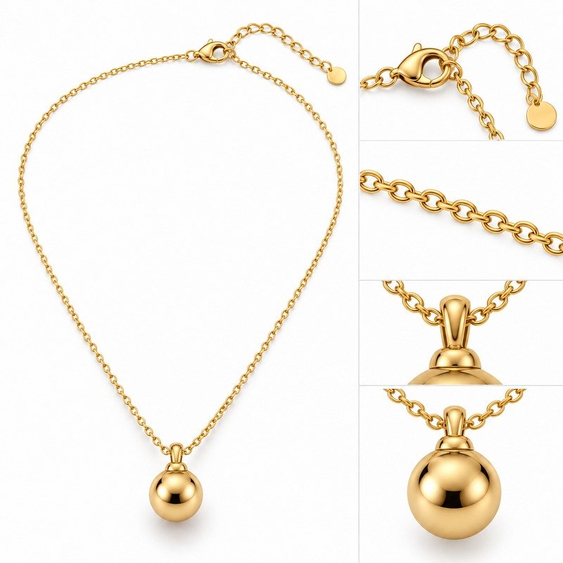 Metal bead pendant reverse, cap, chain and clasp structure detail