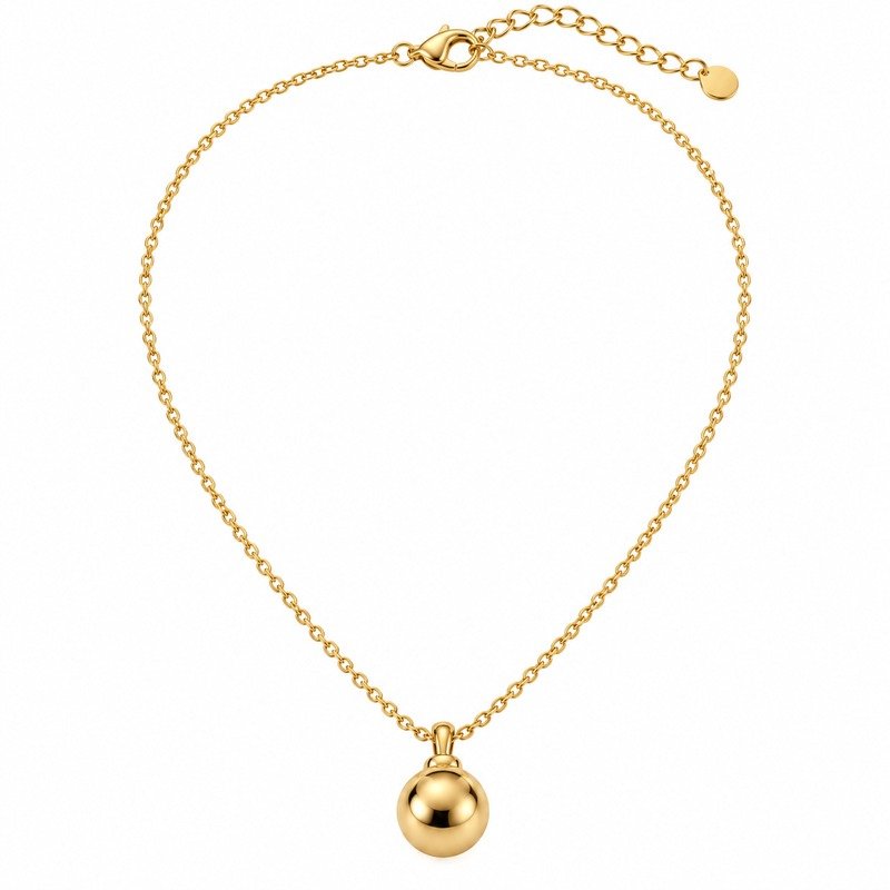 Gold polished metal bead pendant necklace front view on white background