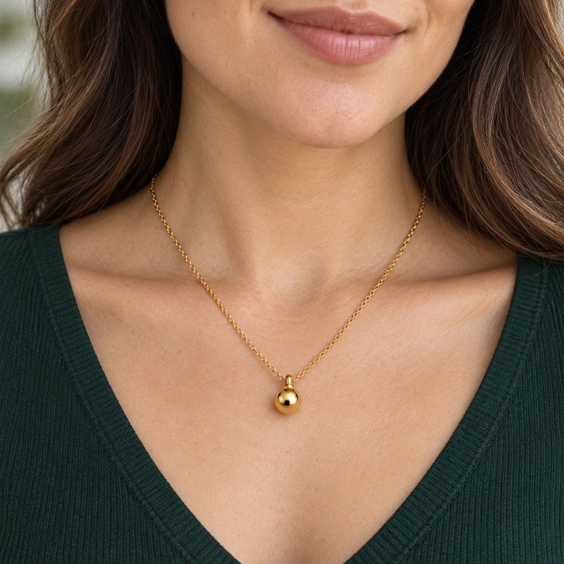 Woman wearing a gold Stainless Steel bead pendant necklace