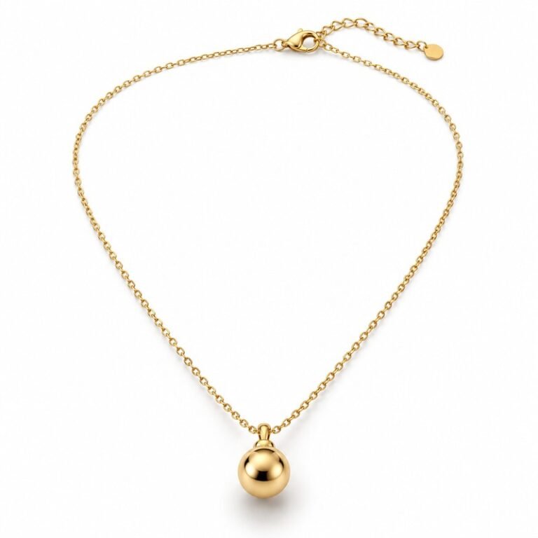 Women's gold Stainless Steel bead pendant necklace, 45-degree product view on white background