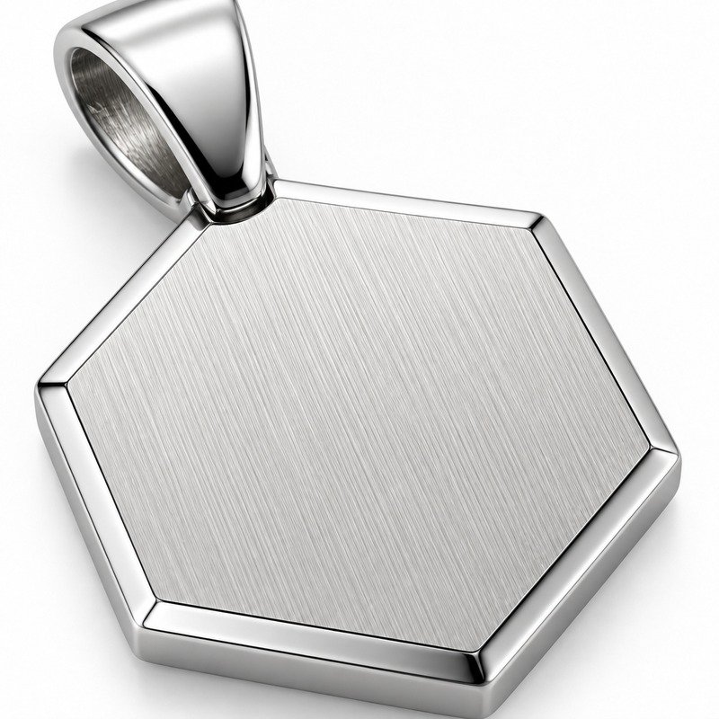 Brushed Stainless Steel hexagon pendant and polished bevel craftsmanship close-up