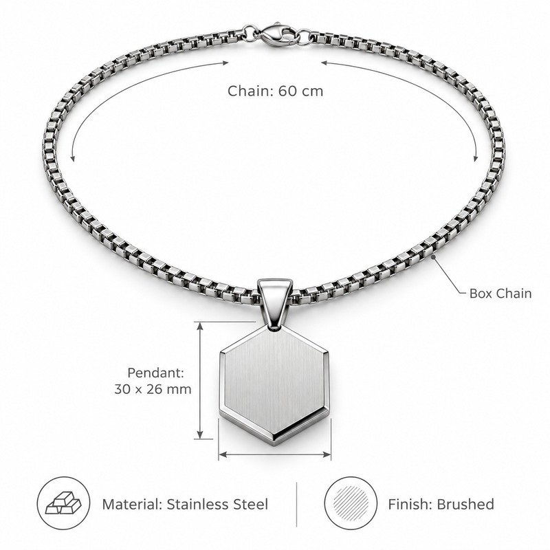 Hexagon pendant necklace dimensions, Stainless Steel material and specifications