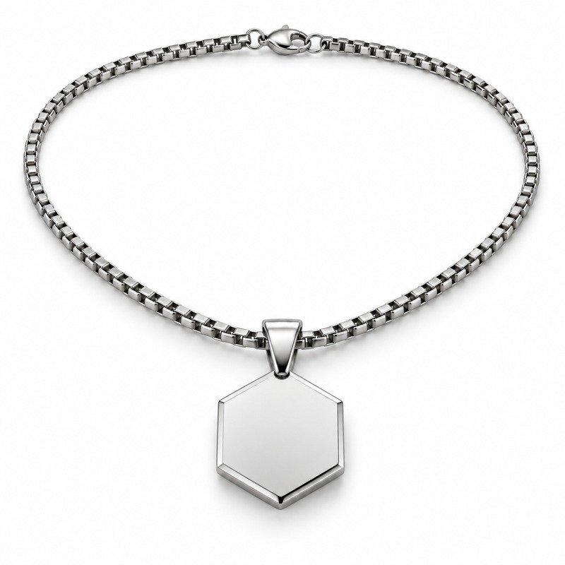 Hexagon pendant reverse, bail, box chain and clasp structure detail