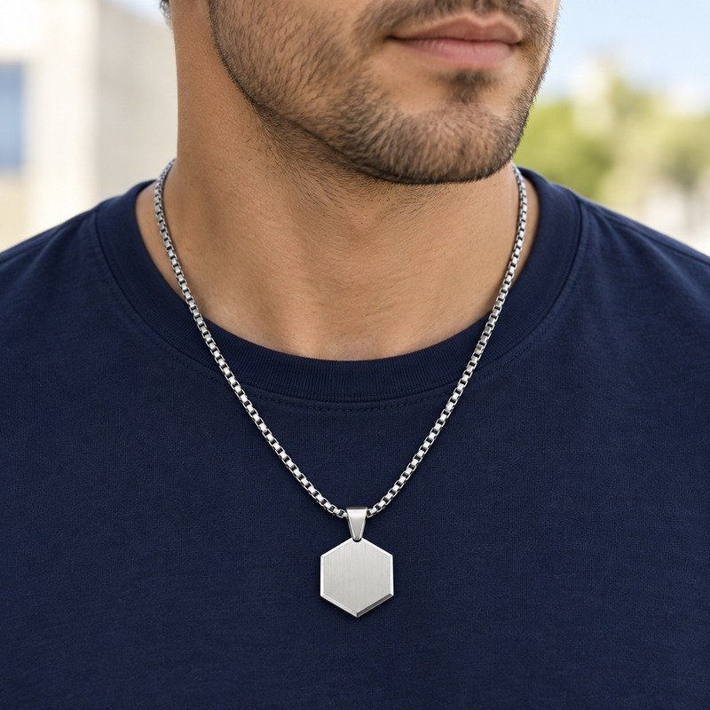 Man wearing a silver Stainless Steel hexagon pendant necklace