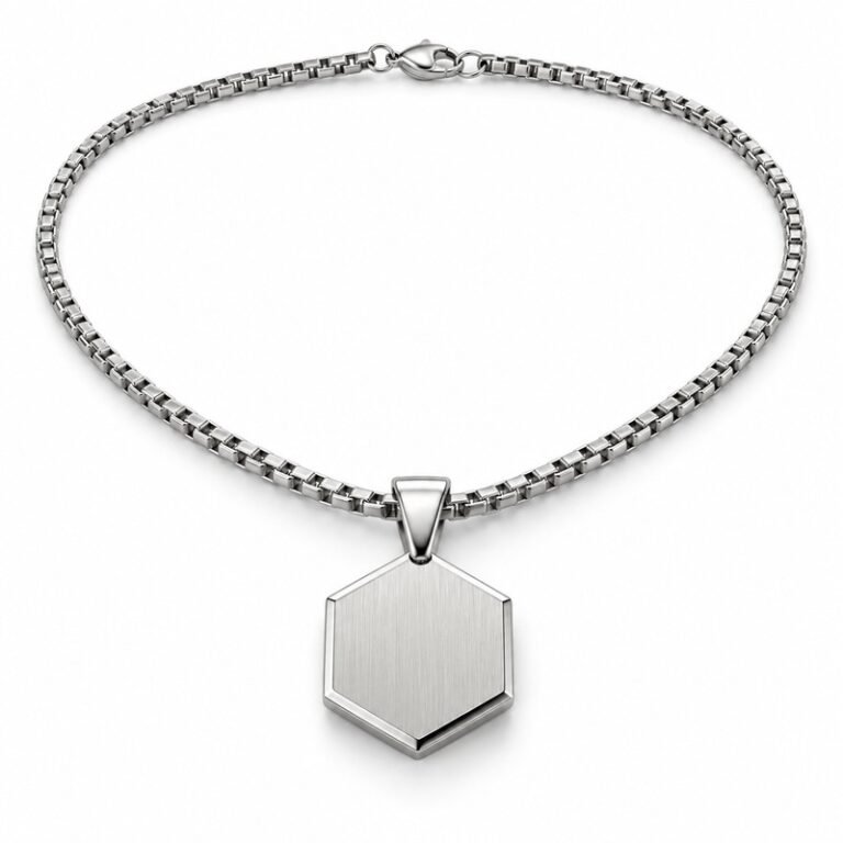 Men's silver Stainless Steel hexagon pendant necklace, 45-degree product view on white background