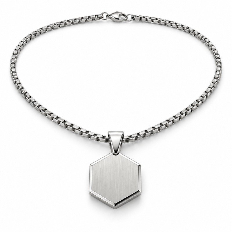 Men's silver Stainless Steel hexagon pendant necklace, 45-degree product view on white background