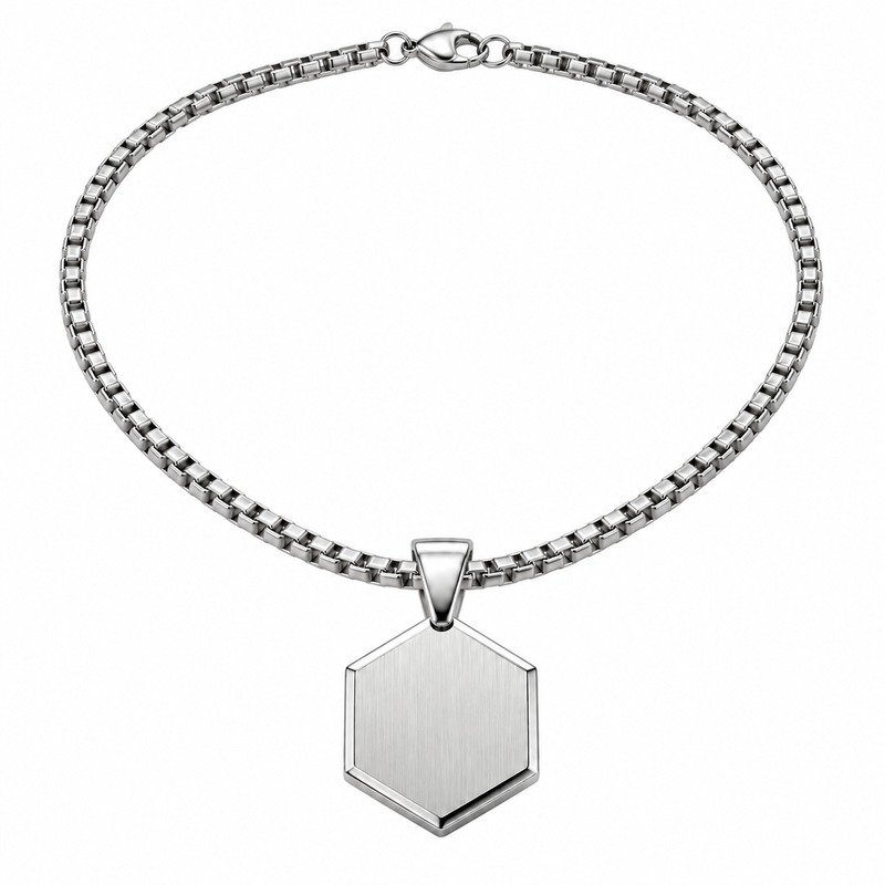 Silver brushed hexagon pendant necklace front view on white background