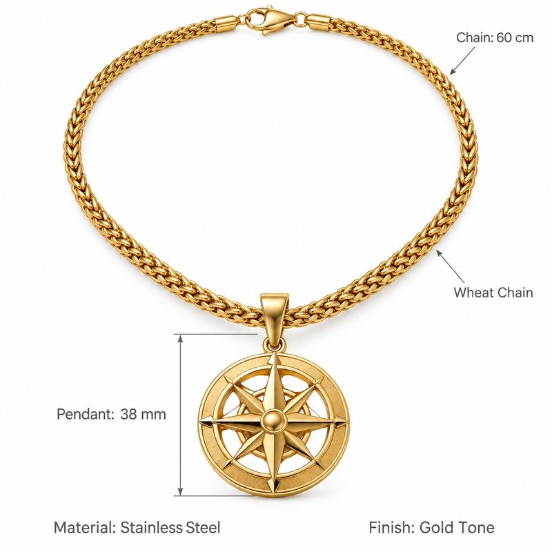 Compass pendant necklace dimensions, Stainless Steel material and specifications