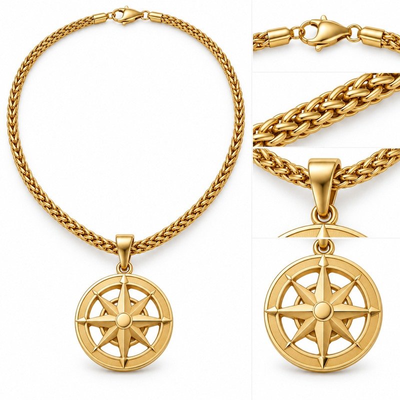 Compass pendant reverse, bail, wheat chain and clasp structure detail