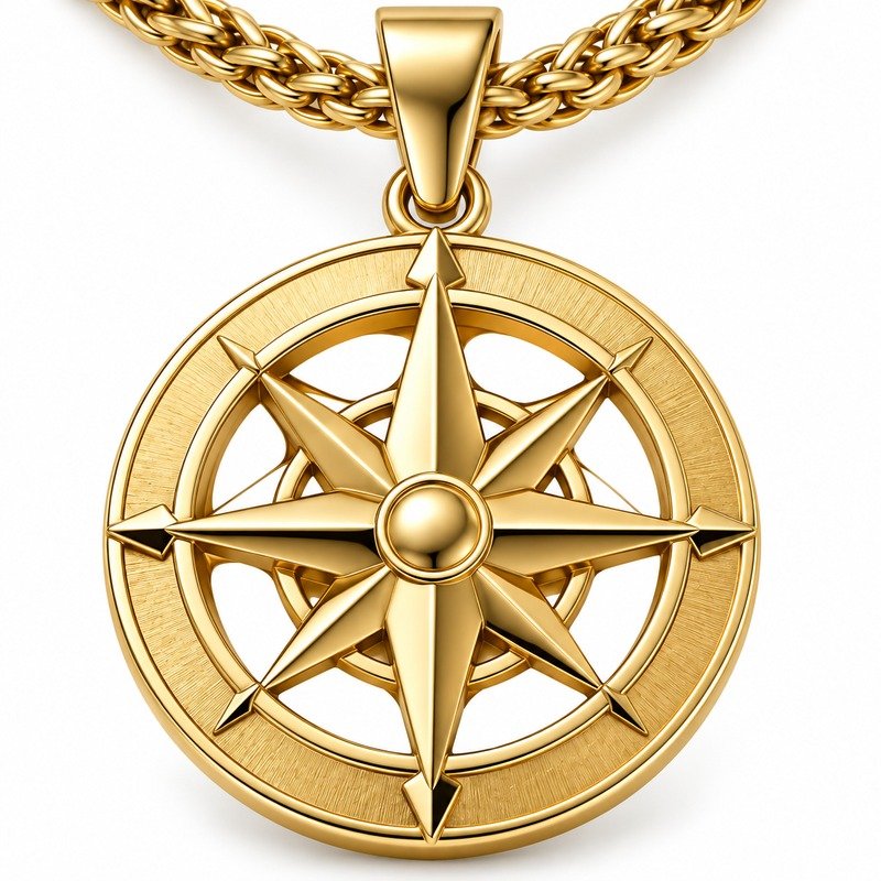 Gold Stainless Steel compass pendant craftsmanship close-up