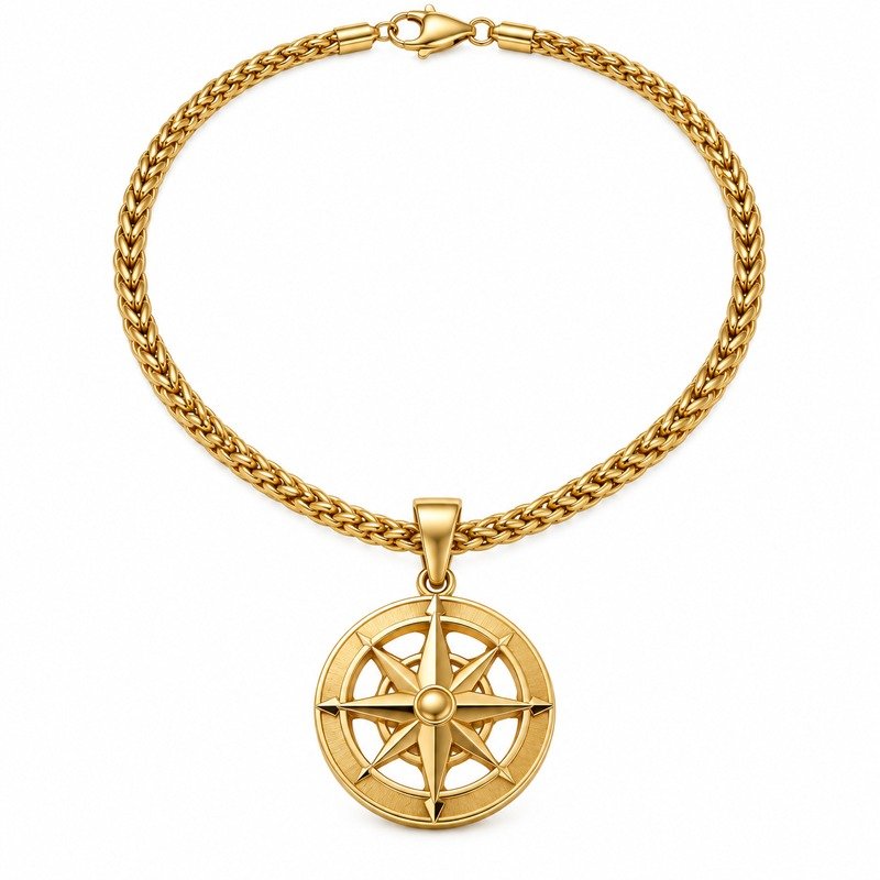 Gold compass pendant necklace front view on white background