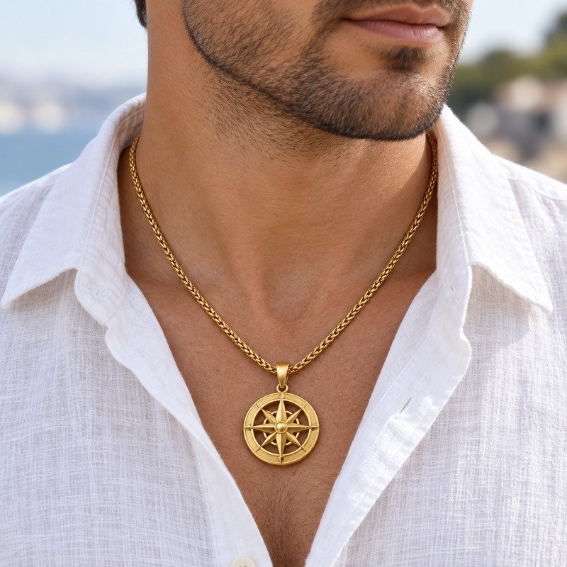 Man wearing a gold Stainless Steel compass pendant necklace