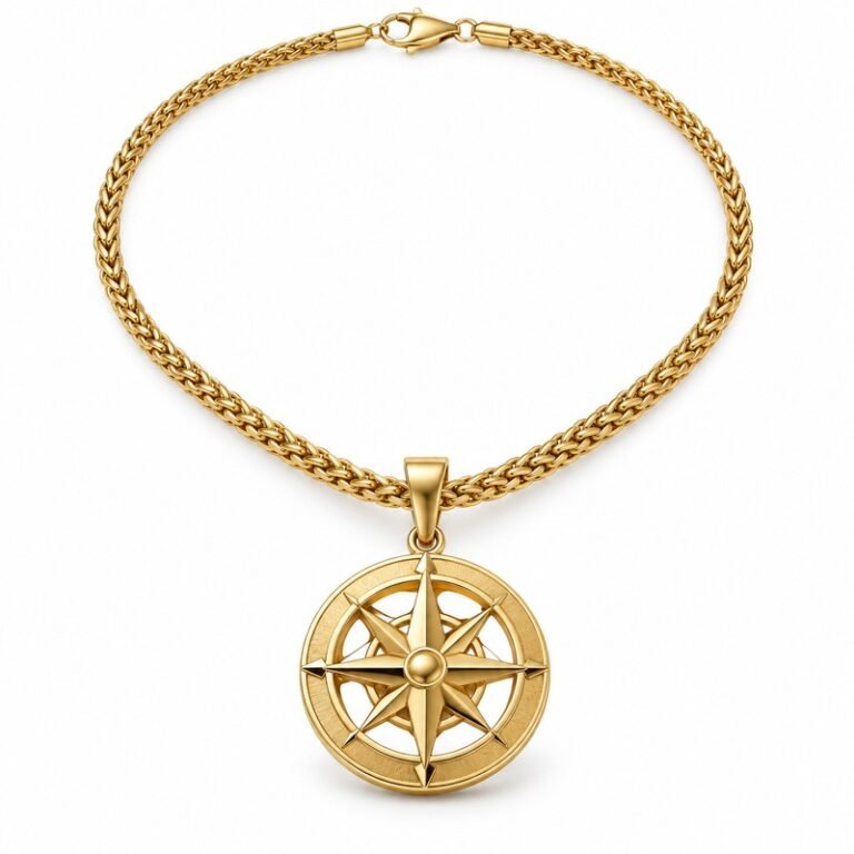 Men's gold Stainless Steel compass pendant necklace, 45-degree product view on white background
