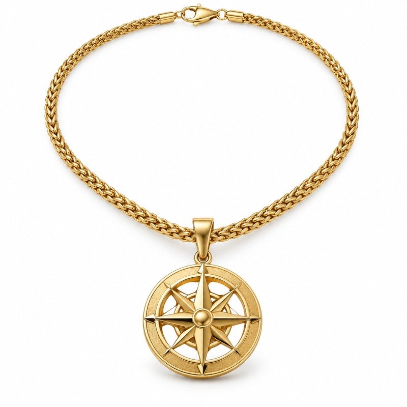 Men's gold Stainless Steel compass pendant necklace, 45-degree product view on white background