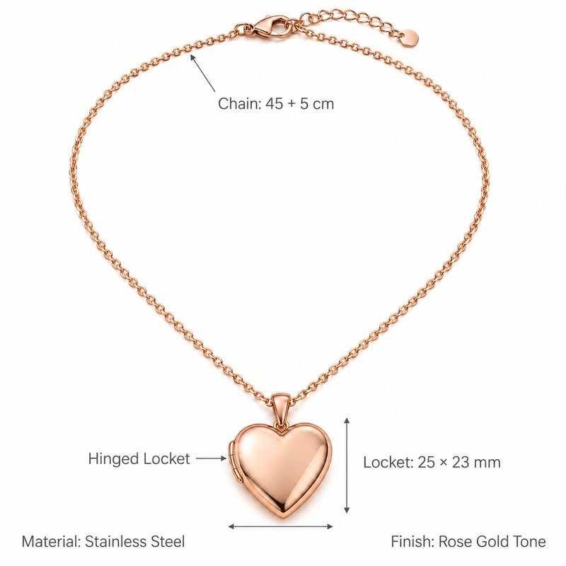 Heart locket necklace dimensions, Stainless Steel material and specifications