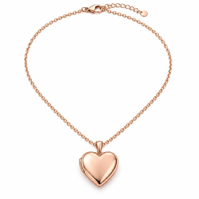 Rose gold heart locket necklace front view on white background
