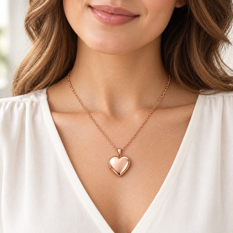 Woman wearing a rose gold Stainless Steel heart locket necklace