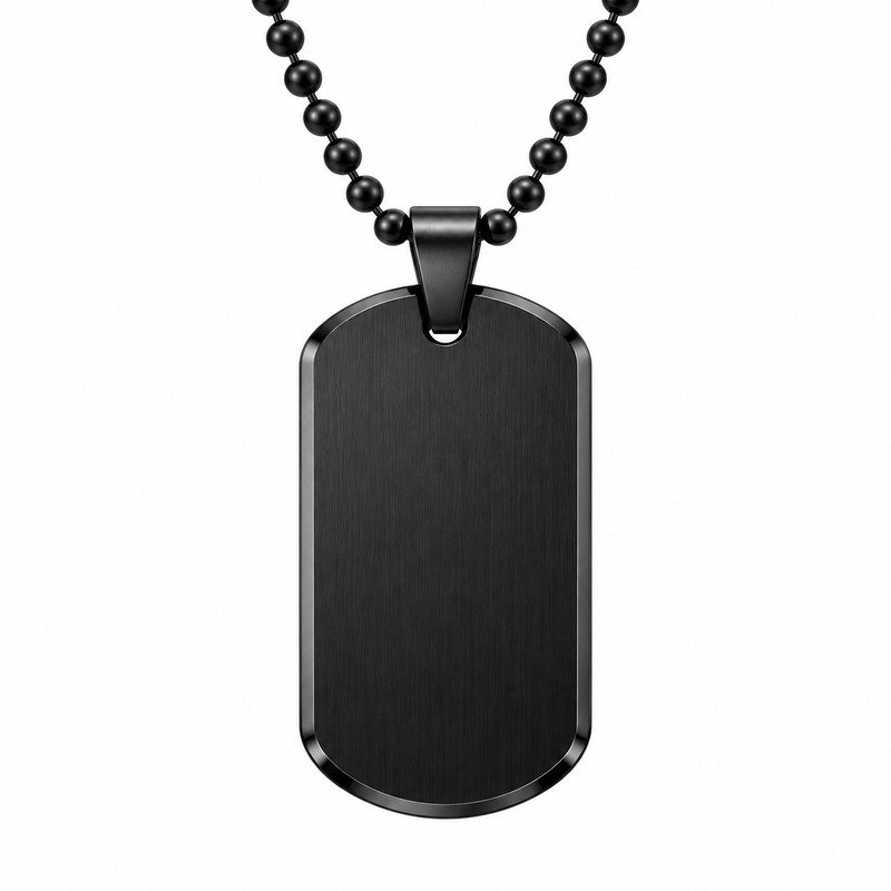 Black blank dog tag necklace front view on white background