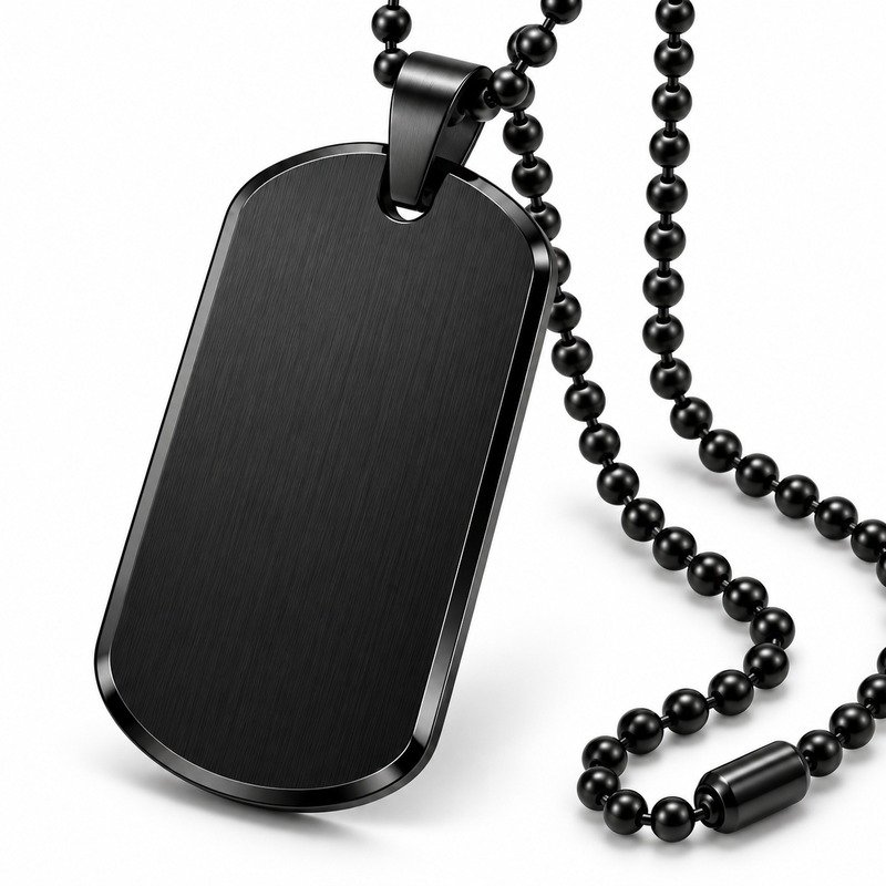 Brushed black Stainless Steel dog tag craftsmanship close-up