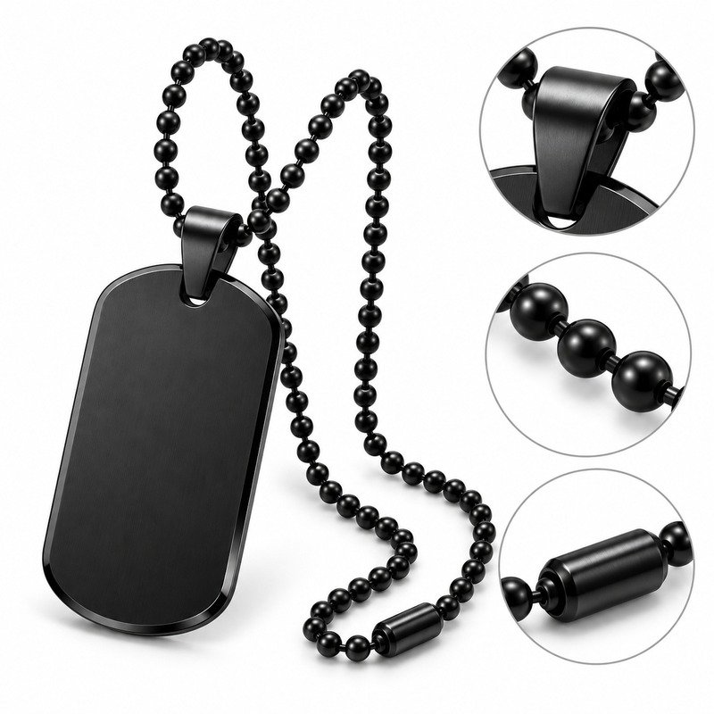 Dog tag reverse, bail and ball-chain connector structure detail