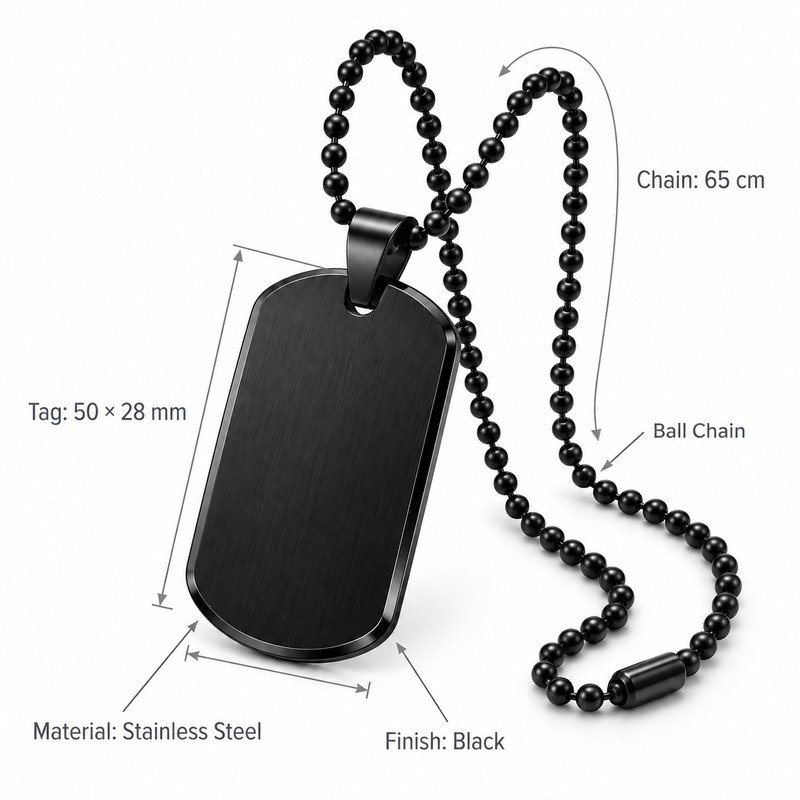 Dog tag necklace dimensions, Stainless Steel material and specifications