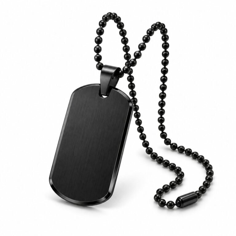 Men's black Stainless Steel dog tag necklace on white background