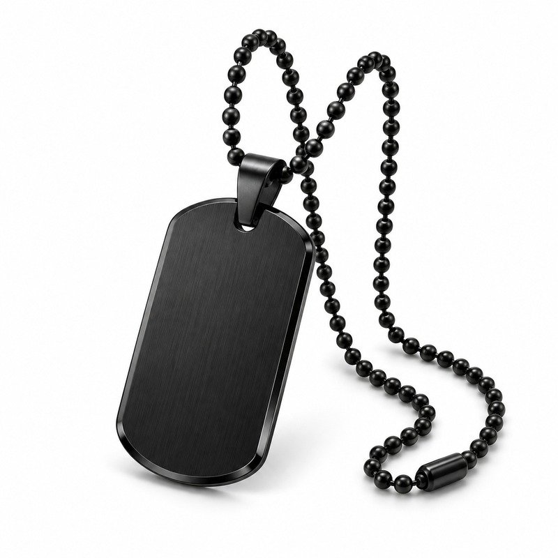Men's black Stainless Steel dog tag necklace on white background
