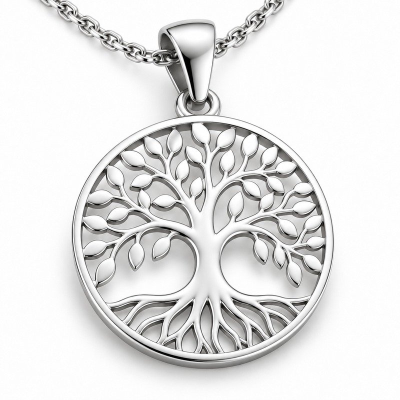 Openwork Stainless Steel tree pendant craftsmanship close-up
