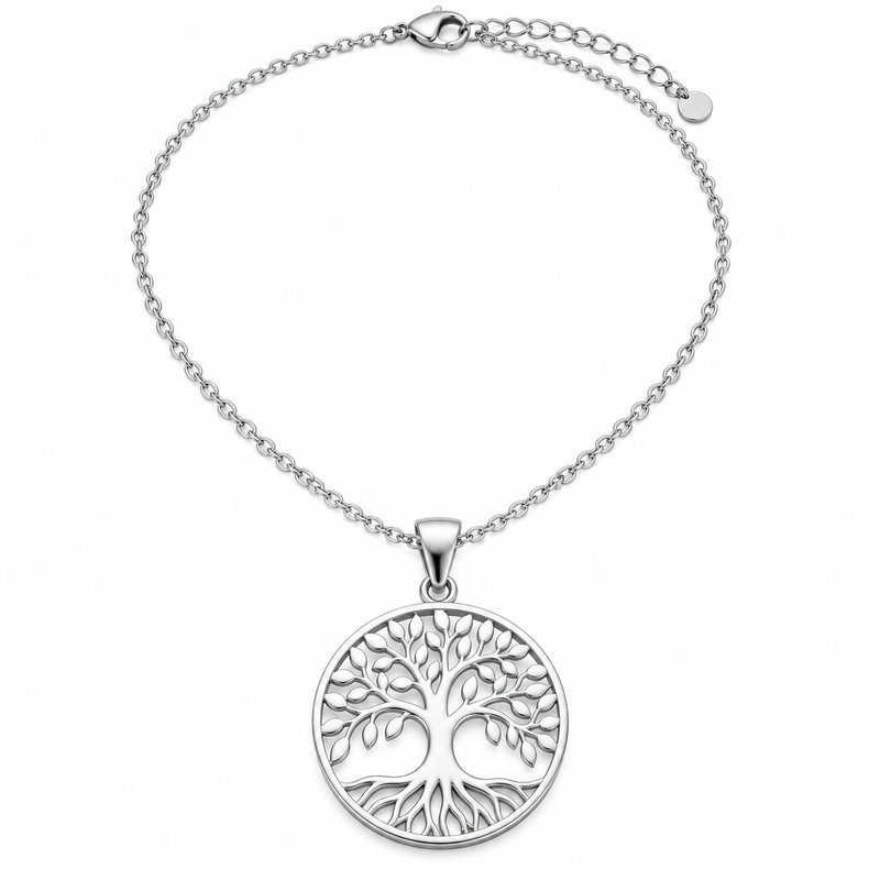 Silver tree of life pendant necklace front view on white background