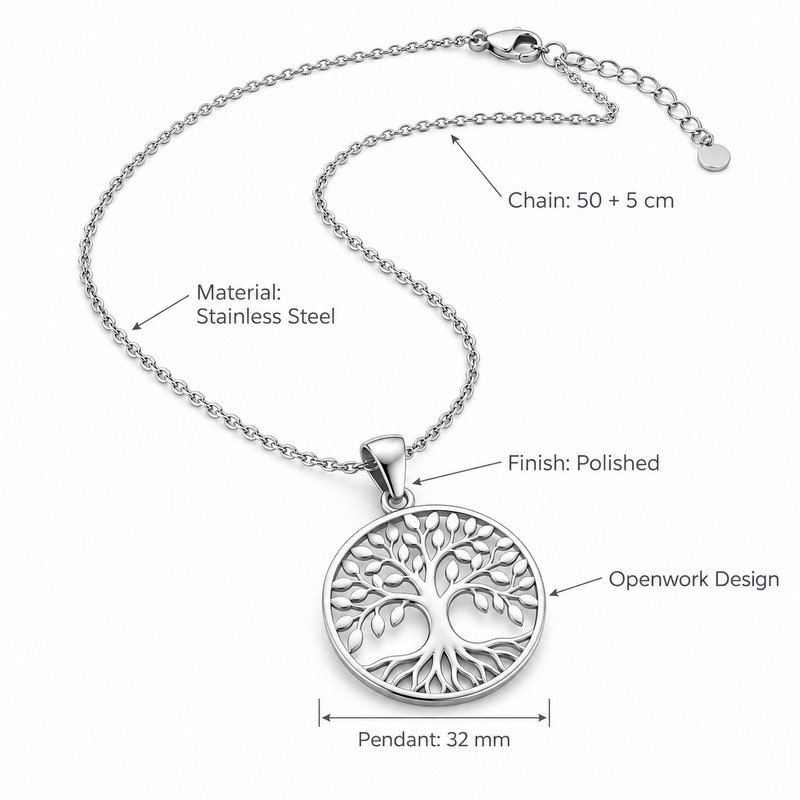 Tree of life necklace dimensions, Stainless Steel material and specifications