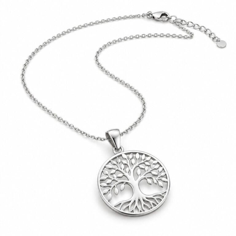 Women's silver Stainless Steel tree of life necklace on white background