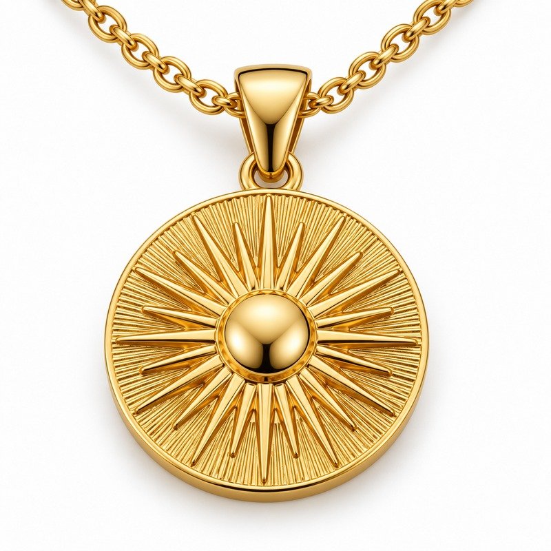 Engraved gold Stainless Steel sunburst pendant craftsmanship close-up