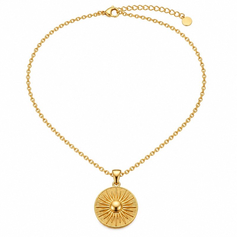 Gold sunburst pendant necklace front view on white background