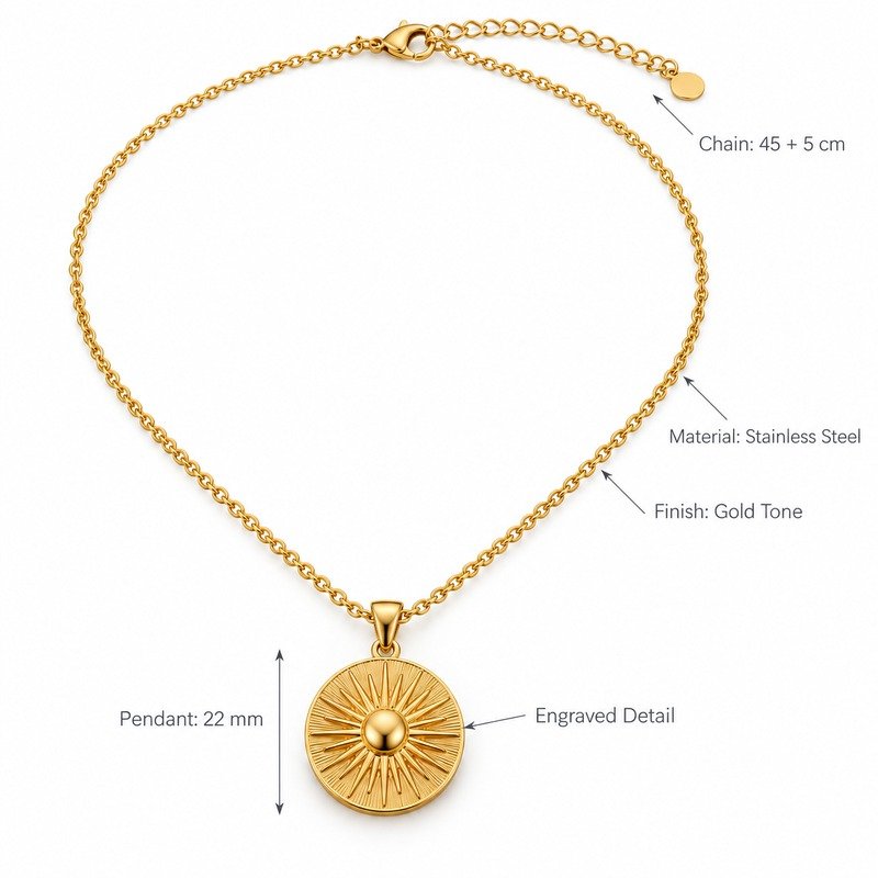 Sunburst necklace dimensions, Stainless Steel material and specifications