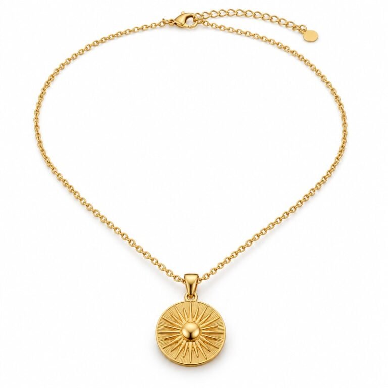 Women's gold Stainless Steel sunburst pendant necklace on white background