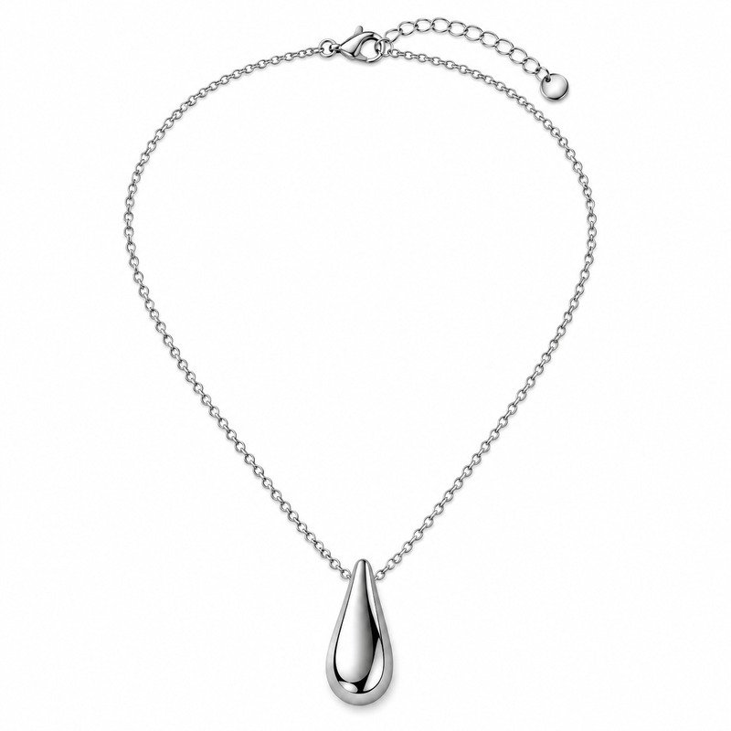 Silver teardrop pendant necklace front view on white background