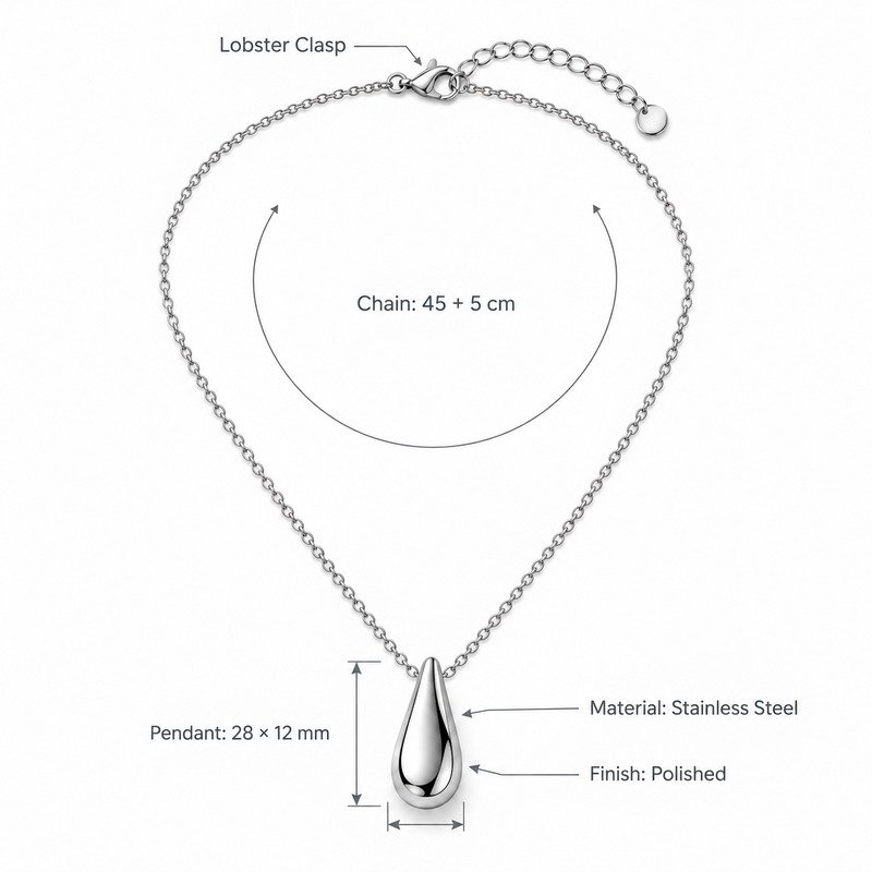 Teardrop necklace dimensions, Stainless Steel material and specifications