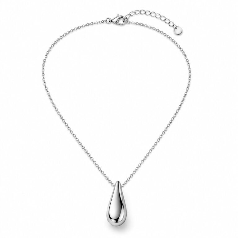 Women's silver Stainless Steel teardrop pendant necklace on white background