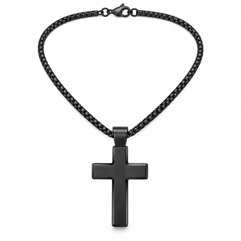 Black minimalist cross pendant necklace front view on white background
