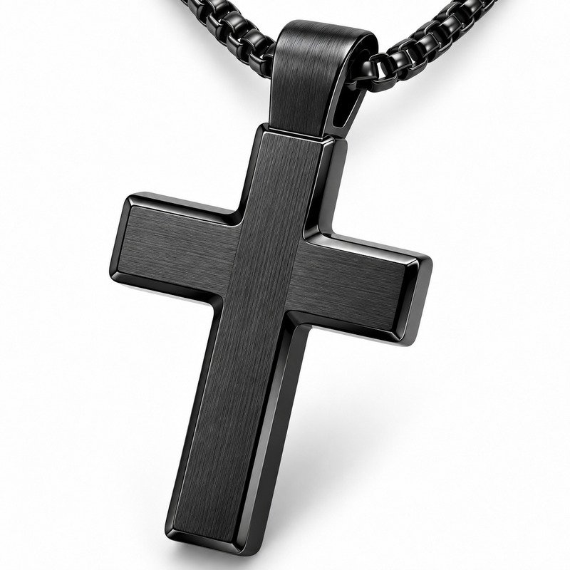 Brushed black Stainless Steel cross pendant craftsmanship close-up