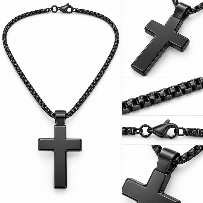 Cross pendant reverse, bail, box chain and clasp structure detail