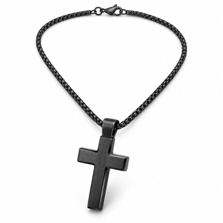 Men's black Stainless Steel cross pendant necklace on white background