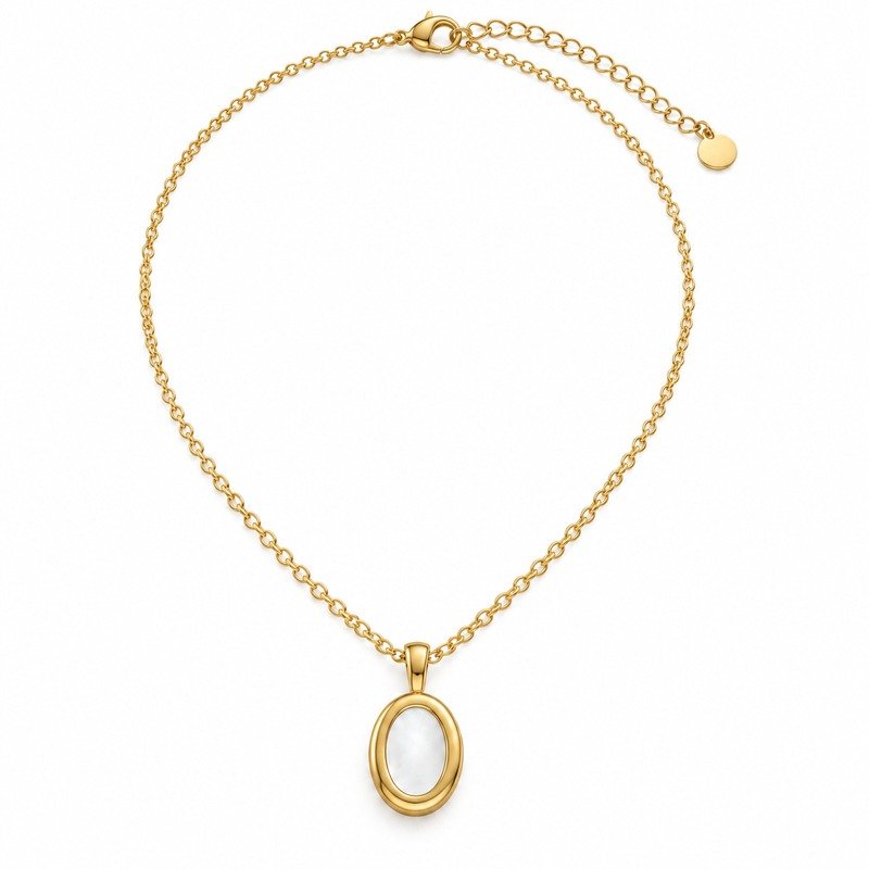 Gold oval white enamel pendant necklace front view
