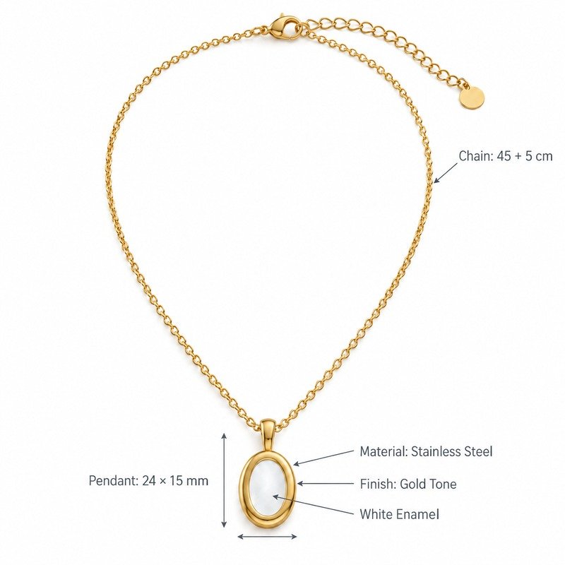 Oval enamel necklace dimensions, Stainless Steel material and specifications