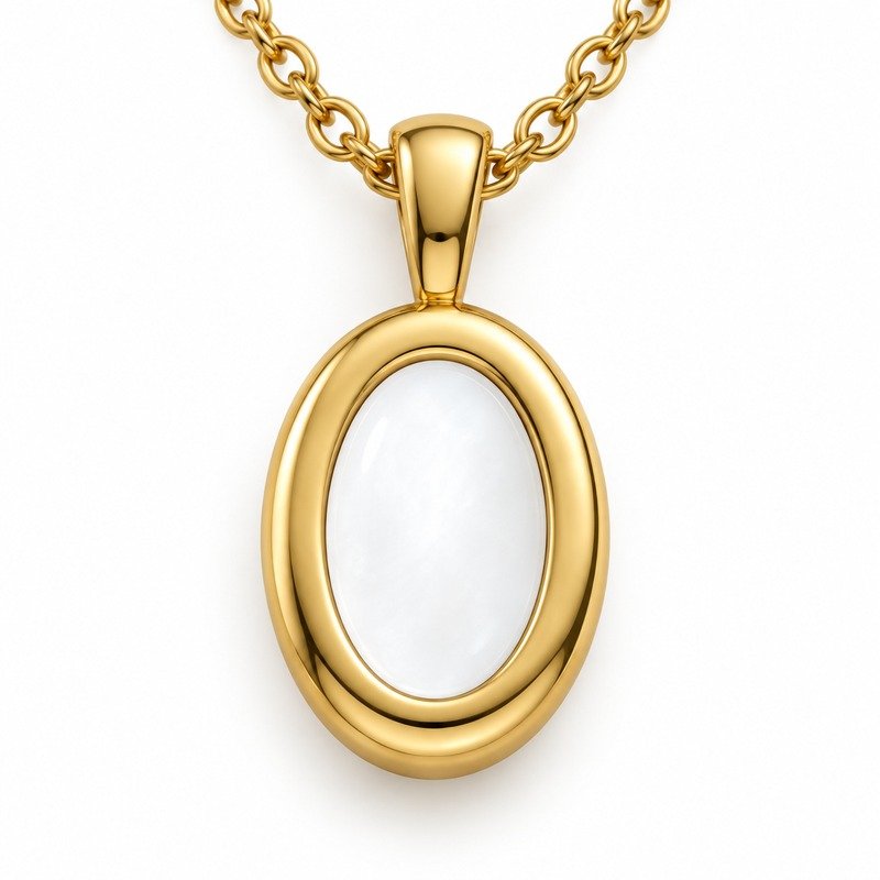 Gold Stainless Steel oval frame and white enamel craftsmanship close-up
