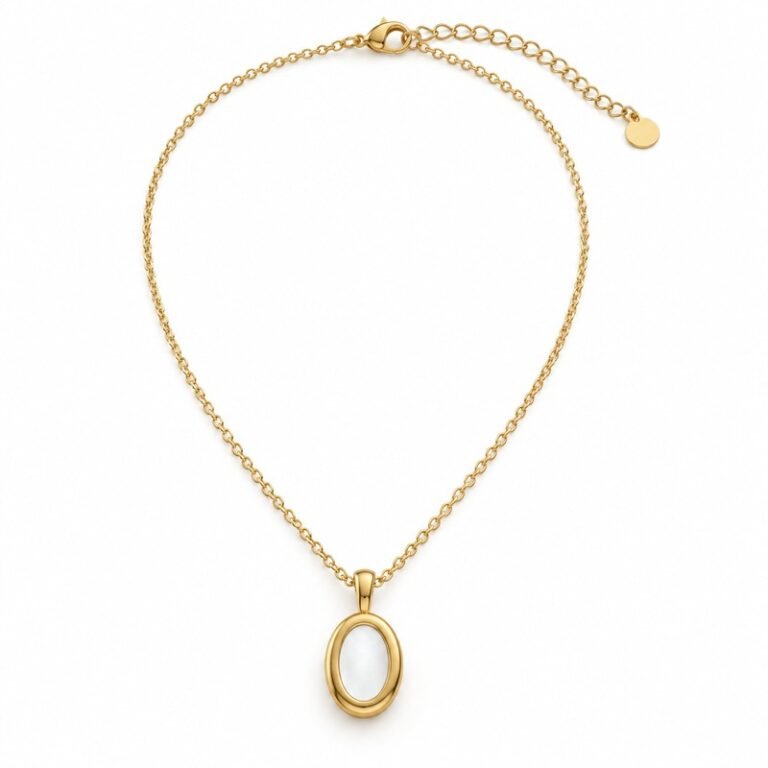 Women's gold Stainless Steel oval white enamel pendant necklace on white background
