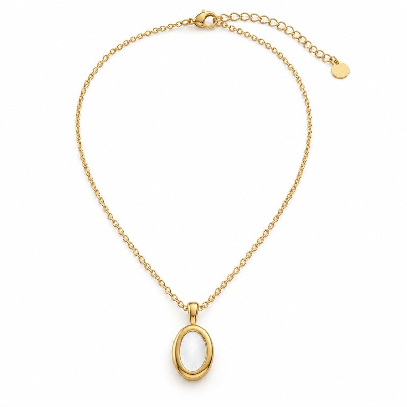 Women's gold Stainless Steel oval white enamel pendant necklace on white background